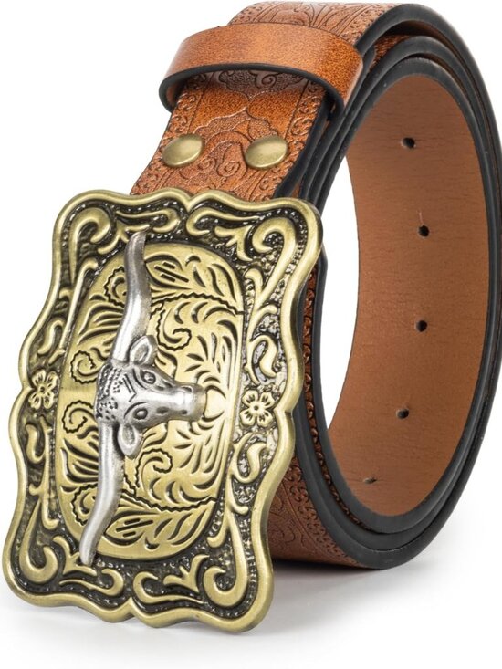 Women's Brown 2 Western Pu Leather Longhorn Bull Turquoise Embossed Buckle Belt - Picture 7 of 7